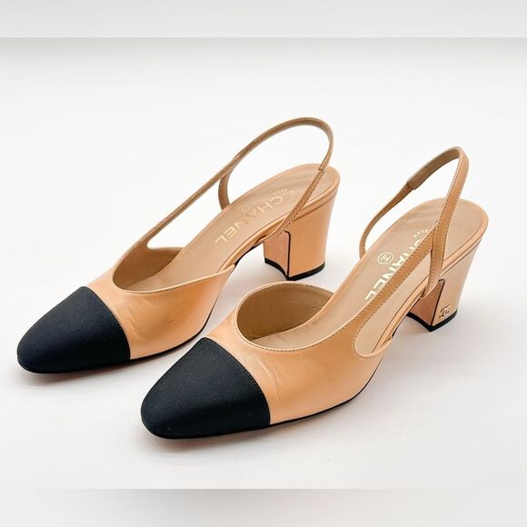 CHANEL Slingback Cap Toe Beige & Black Heels Leather Pumps EU 37.5 US 6.5-7 - Picture 5 of 15